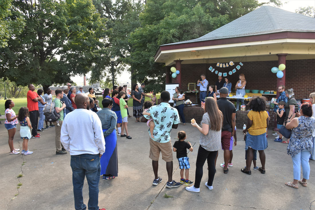 Families and other community members gathered for the filming of the Hello, Richmond! promo video in Jefferson Park in Richmond, Virginia's Union Hill neighborhood. 